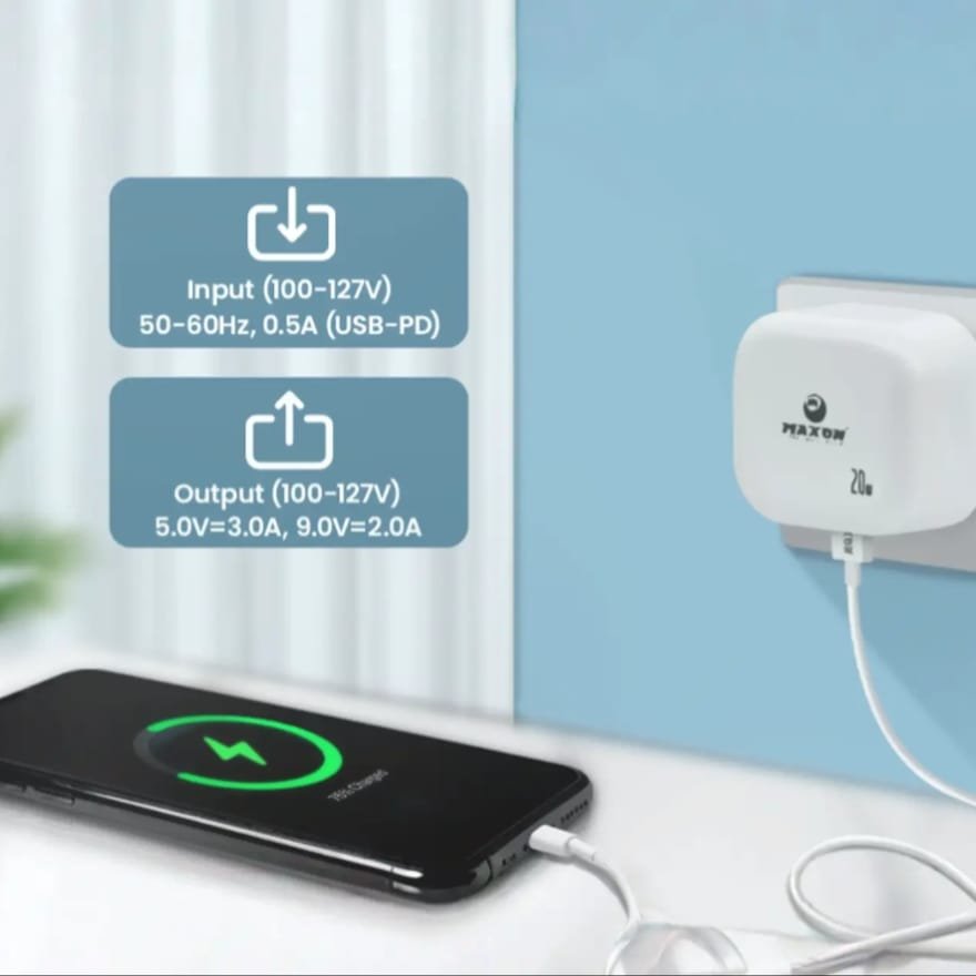 MAXON 20W Fast Charger For iPhone | PD Quick Charge | Type-C To Lightning Cable Included | For iPhone 14, 13, 12, 11, X, 8 | UK 3-Pin Plug | Original